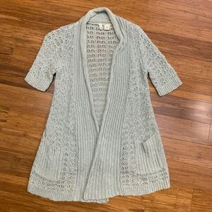 Moth Cardigan Womens Small Mint Green Cotton‎ Linen Open Front Crochet Knit Long